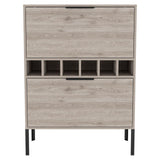 English Elm Bar Cabinet Puertu, Six Wine Cubbies, Double Door Cabinet, Light Gray Finish