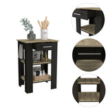 English Elm Kitchen Island 23 Inches Dozza With Single Drawer and Two-Tier Shelves, Black Wengue / Light Oak Finish