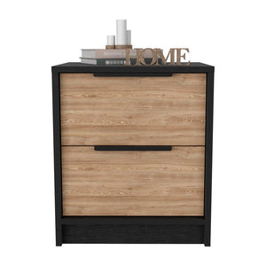 English Elm Nightstand With Two Drawers, Sleek Metal Handles, Black Wengue & Pine Finish For Modern Bedrooms B092123001