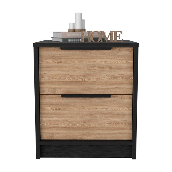 English Elm Nightstand With Two Drawers, Sleek Metal Handles, Black Wengue & Pine Finish For Modern Bedrooms B092123001