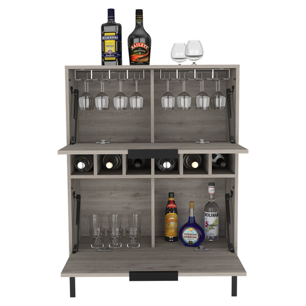 English Elm Bar Cabinet Puertu Light Gray, Six Wine Cubbies & Double Doors, Durable Particle Board, 38.97"L B092123057