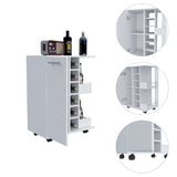 English Elm Bar Cart Wells, Four Casters, Six Wine Cubbies, Single Door Cabinet, White Finish