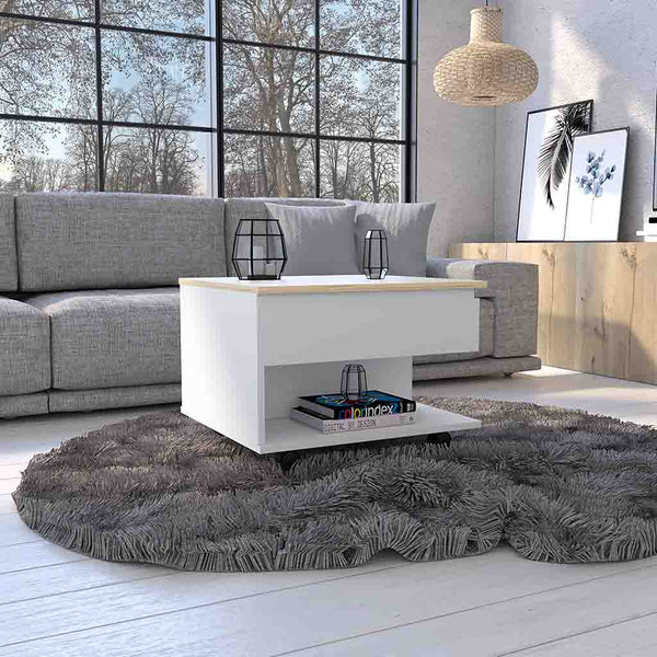 English Elm Lift Top Coffee Table Mercuri with Hidden Storage and Locking Casters, Durable Particleboard Design White + Light Oak B092123050
