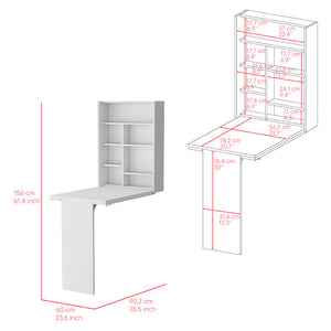English Elm Foldable wall-mounted table Tacoma with space-saving hutch, seven shelves, durable particleboard design White B092123081