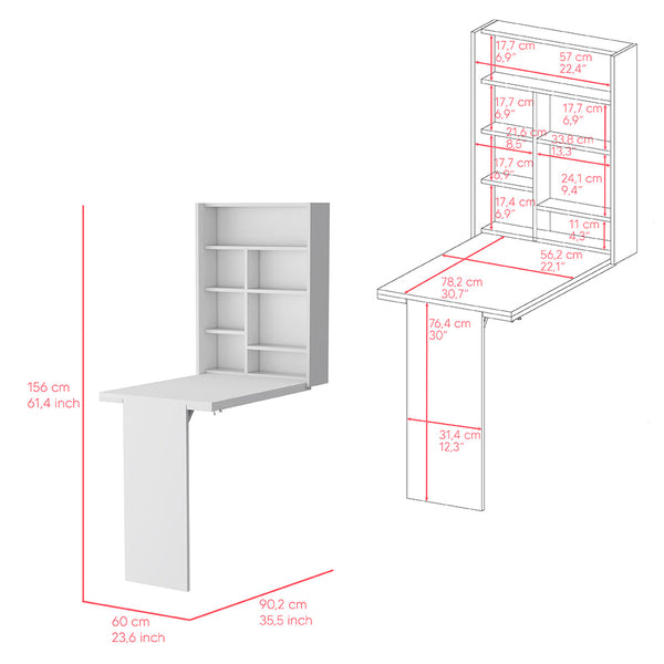 English Elm Foldable wall-mounted table Tacoma with space-saving hutch, seven shelves, durable particleboard design White B092123081