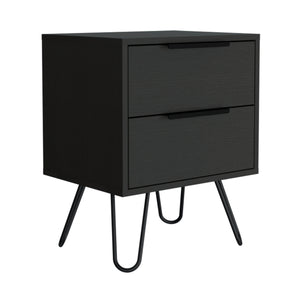 English Elm Nightstand Skyoner 2 - Modern Hairpin Leg Design, Two Drawer Storage, Black Wenge Finish For Style B092123071