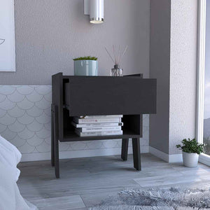 English Elm Nightstand Ferku: Modern Black Wengue Finish With Open Shelf & Smooth-Glide Drawer For Essentials B092122929