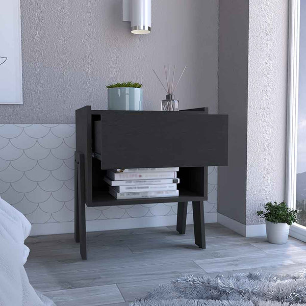 English Elm Nightstand Ferku: Modern Black Wengue Finish With Open Shelf & Smooth-Glide Drawer For Essentials B092122929