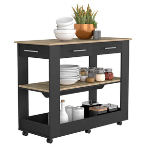 English Elm Kitchen Island 46 Inches Dozza – Mobile Storage With Drawers & Open Shelves In Black Wenge Finish B092123278