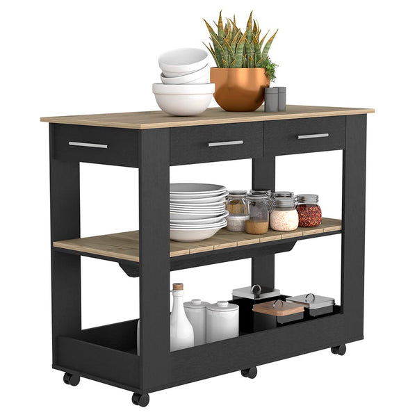 English Elm Kitchen Island 46 Inches Dozza – Mobile Storage With Drawers & Open Shelves In Black Wenge Finish B092123278