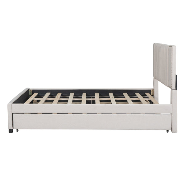 English Elm Queen Upholstered Platform Bed with Classic Headboard, 2 Storage Drawers & Large Twin Trundle for Extra Sleep Space and Durable Slat Support Beige SF000015AAA