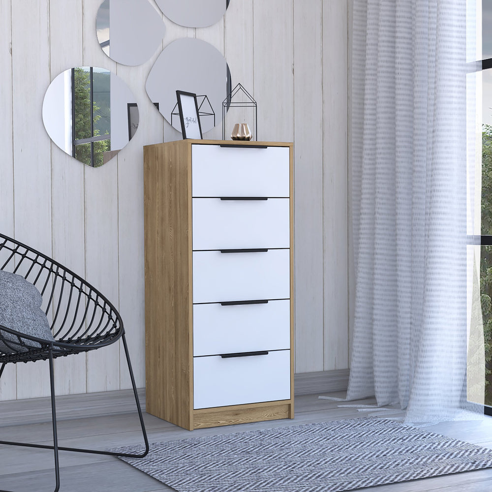 English Elm 5 Drawers Dresser - Stylish White & Pine Storage Solution With Metal Handles For Compact Spaces B092122995
