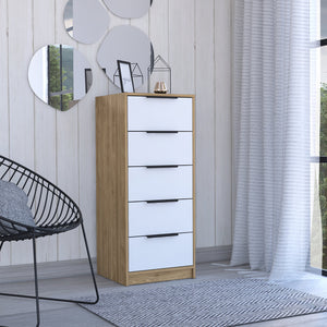 English Elm 5 Drawers Dresser - Stylish White & Pine Storage Solution With Metal Handles For Compact Spaces B092122995