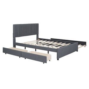 English Elm Queen Upholstered Platform Bed with Classic Headboard, 2 Storage Drawers & Large Twin Trundle for Extra Sleep Space and Durable Slat Support Gray SF000015AAE