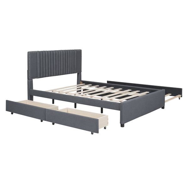 English Elm Queen Upholstered Platform Bed with Classic Headboard, 2 Storage Drawers & Large Twin Trundle for Extra Sleep Space and Durable Slat Support Gray SF000015AAE