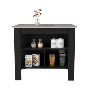 English Elm Kitchen Island Dozza - Modern Black & Ibiza Marble Finish With 3 Shelves For Stylish Storage & Prep B092122907
