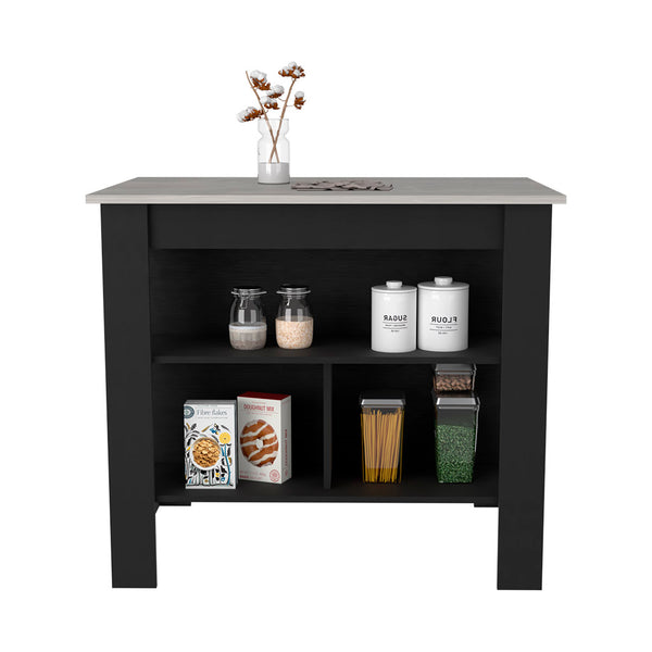 English Elm Kitchen Island Dozza - Modern Black & Ibiza Marble Finish With 3 Shelves For Stylish Storage & Prep B092122907