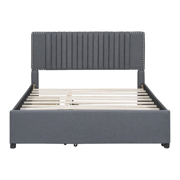 English Elm Queen Upholstered Platform Bed with Classic Headboard, 2 Storage Drawers & Large Twin Trundle for Extra Sleep Space and Durable Slat Support Gray SF000015AAE