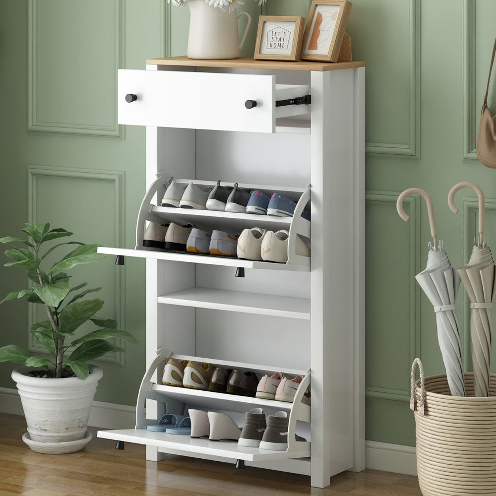 English Elm On-trend White Entryway Shoe Cabinet with Flip Drawers and Wood Grain Veneer Top WF308547AAK