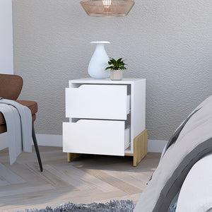 English Elm Nightstand Brookland: Chic Bedside Table With Double Drawers, Sturdy Base & White/Macadamia Finish B092123137