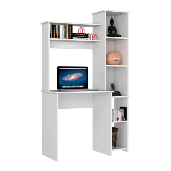 English Elm Desk Logan Modern Workstation with Five Cubbies and Spacious Monitor Nook, Durable Particleboard Finish White B092122984