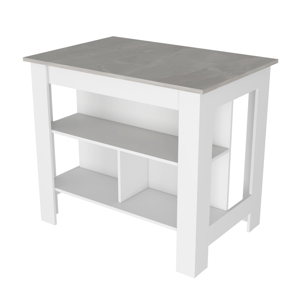 English Elm Kitchen Island Dozza - Stylish White Island With Ibiza Marble Finish And 3 Storage Shelves For Easy Organization B092122910