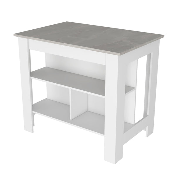 English Elm Kitchen Island Dozza - Stylish White Island With Ibiza Marble Finish And 3 Storage Shelves For Easy Organization B092122910