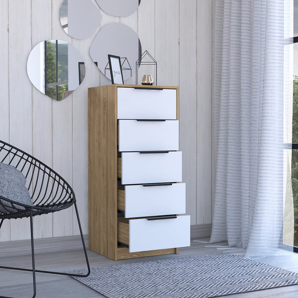 English Elm 5 Drawers Dresser - Stylish White & Pine Storage Solution With Metal Handles For Compact Spaces B092122995