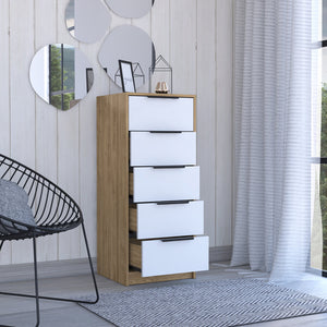 English Elm 5 Drawers Dresser - Stylish White & Pine Storage Solution With Metal Handles For Compact Spaces B092122995