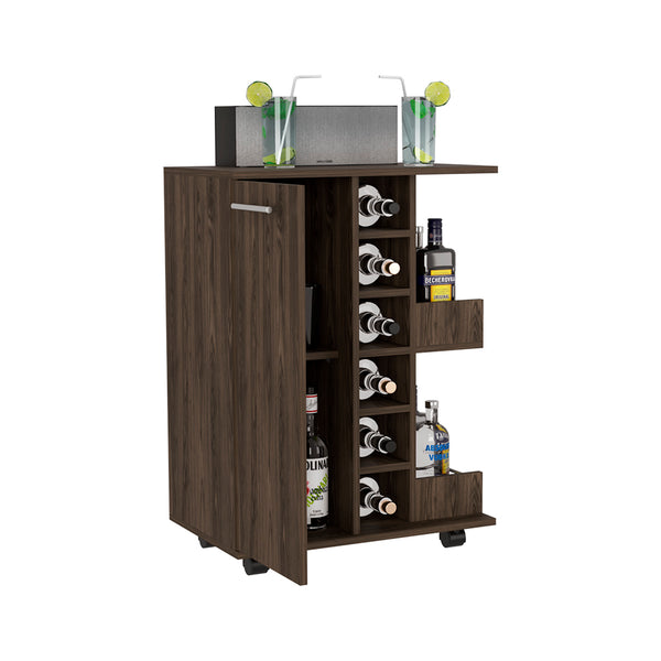 English Elm Bar Cart Wells with Locking Casters, Enclosed Cabinet, Bottle Shelves & Six Cubbies for Storage Walnut B092123285