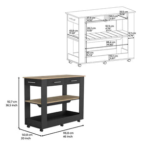 English Elm Kitchen Island 46 Inches Dozza – Mobile Storage With Drawers & Open Shelves In Black Wenge Finish B092123278