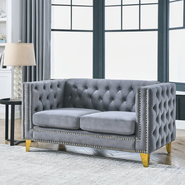 English Elm {contact Us for Tufted Velvet Two Seat Sofa with Nailhead Trim and Polished Metal Legs Gray W834S00572