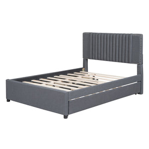 English Elm Full Upholstered Platform Bed with Two Drawers and Twin Trundle, Classic Padded Headboard, Storage-Friendly Design for Small Bedrooms and Guests Gray SF000014AAE