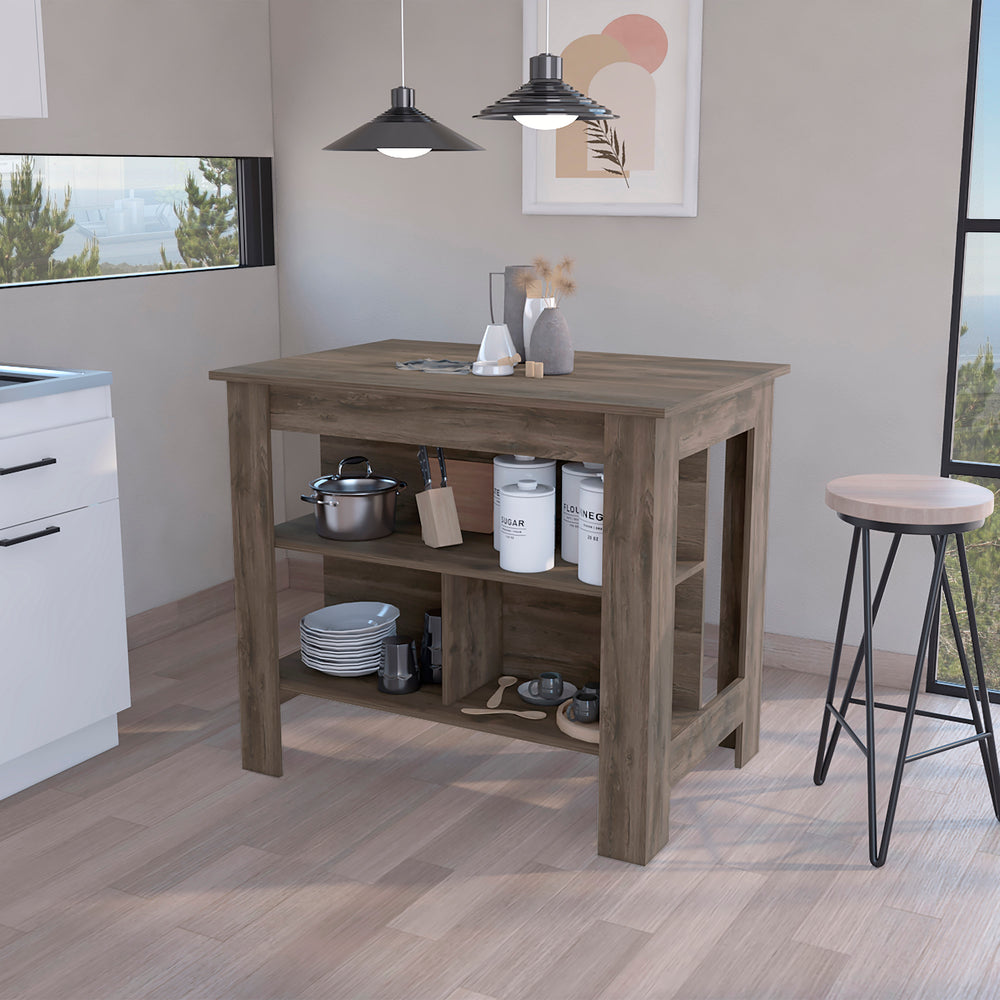 English Elm Kitchen Island Dozza With Three Shelves - Stylish Dark Brown Finish For Modern Organized Spaces B092122908