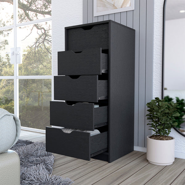 English Elm Dresser Kamran - Sleek Five-Drawer Narrow Storage Solution In Elegant Black Wengue Finish B092122838