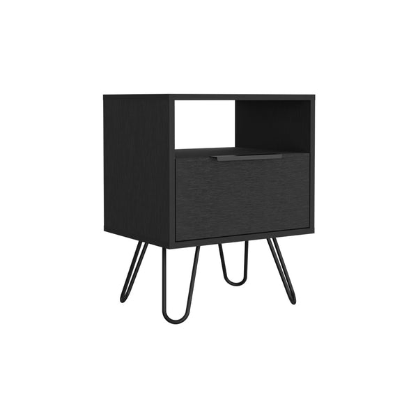 English Elm Nightstand Skyoner - Modern Industrial Design With Single Drawer, Hairpin Legs, Black Wenge Finish B092123075