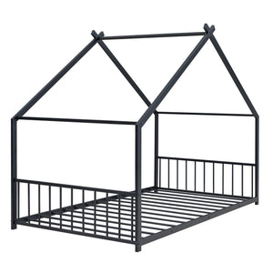 English Elm Twin Metal House Bed with Roof Frame for Kids — Sturdy 350lb Capacity, Playful Semi-Enclosed Design Black MF305886AAB