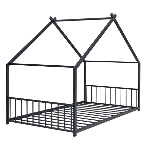 English Elm Twin Metal House Bed with Roof Frame for Kids — Sturdy 350lb Capacity, Playful Semi-Enclosed Design Black MF305886AAB