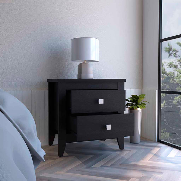 English Elm Nightstand With Two Open Shelves And Drawers, Modern Black Wengue Finish For Stylish Storage B092123019