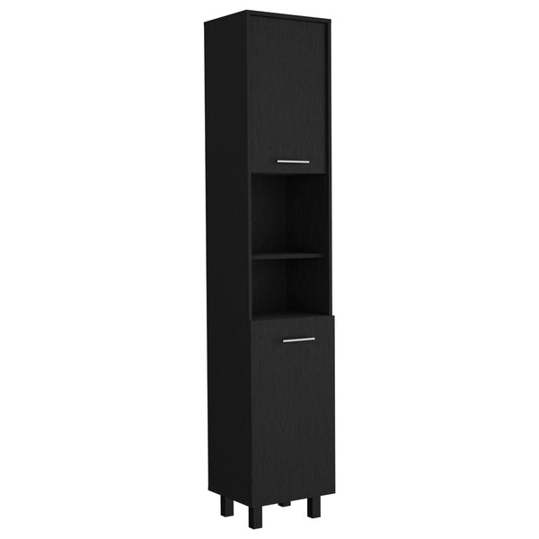 English Elm Pantry Almada Tall Storage Cabinet with 3 Shelves, Chrome Handles, Adjustable Metal Legs, Durable Engineered Particleboard Black B092122844