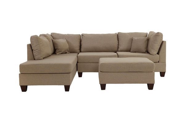 English Elm Sand 3-Piece Reversible Chaise Sectional Sofa with Ottoman — Linen-Like Sand Fabric, Plush Cushions B011S00308
