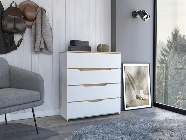 English Elm Dresser Oboe with Superior Top and Four Spacious Drawers, Durable Particle Board, Modern Finish White + Light Oak B092123030