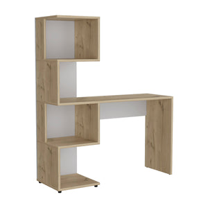 English Elm Computer Desk Jayess With Four-Tier Storage Shelves, Light Oak / White