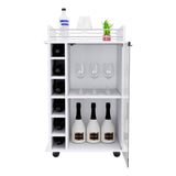 English Elm Bar Cart Baltimore, Six Wine Cubbies, Glass Door, Four Caster, Two Shelves, White Finish