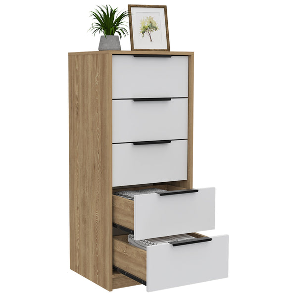 English Elm 5 Drawers Dresser - Stylish White & Pine Storage Solution With Metal Handles For Compact Spaces B092122995