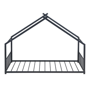 English Elm Twin Metal House Bed with Roof Frame for Kids — Sturdy 350lb Capacity, Playful Semi-Enclosed Design Black MF305886AAB