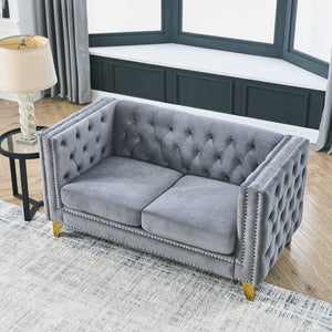 English Elm {contact Us for Tufted Velvet Two Seat Sofa with Nailhead Trim and Polished Metal Legs Gray W834S00572