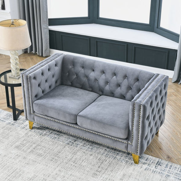 English Elm {contact Us for Tufted Velvet Two Seat Sofa with Nailhead Trim and Polished Metal Legs Gray W834S00572
