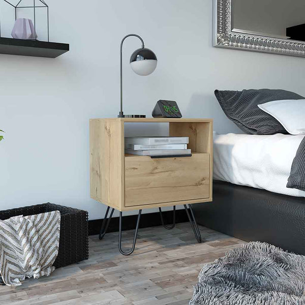 English Elm Nightstand Skyoner - Mid-Century Modern Design With Light Oak Finish, Hairpin Legs & Ample Storage B092123076