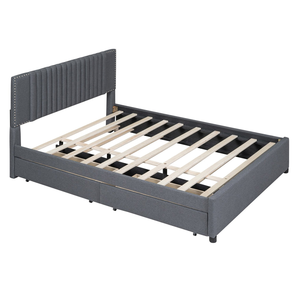 English Elm Queen Upholstered Platform Bed with Classic Headboard, 2 Storage Drawers & Large Twin Trundle for Extra Sleep Space and Durable Slat Support Gray SF000015AAE